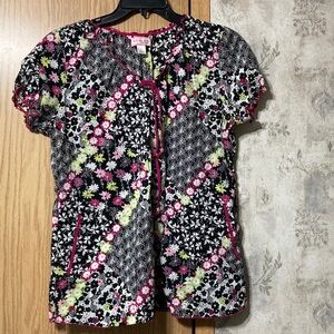Koi Women's Floral Scrub Top - Black, Pink, Green and White Size Large